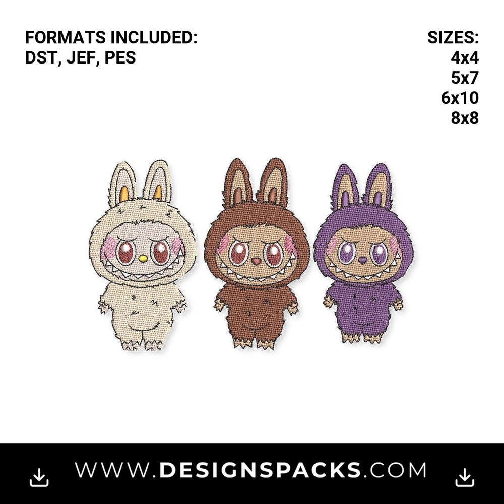 Labubu Monster Bunny Trio Embroidery Design - Instant digital download pattern at Designspacks.com