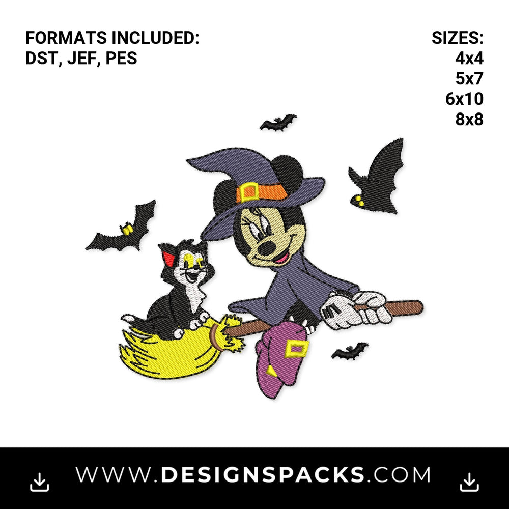 Halloween Witch Minnie and Cat on Broom Embroidery Design - Instant digital download pattern at Designspacks.com