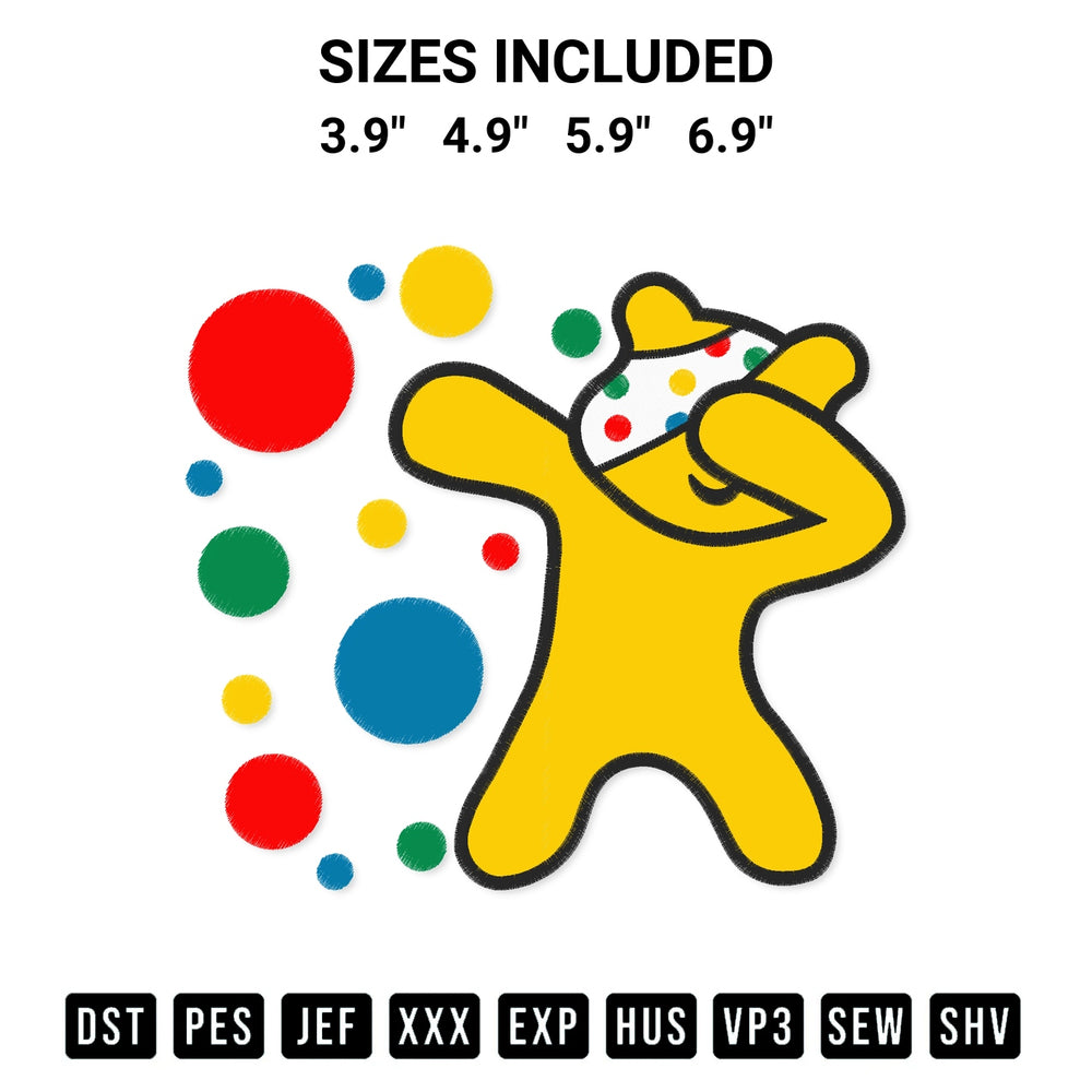 Download the Pudsey Bear Dabbing Embroidery Design machine embroidery design exclusively at Designspacks.com. Premium digitized pattern for apparel and DIY crafts. Available sizes: 3.9", 4.9", 5.9", 6.9".