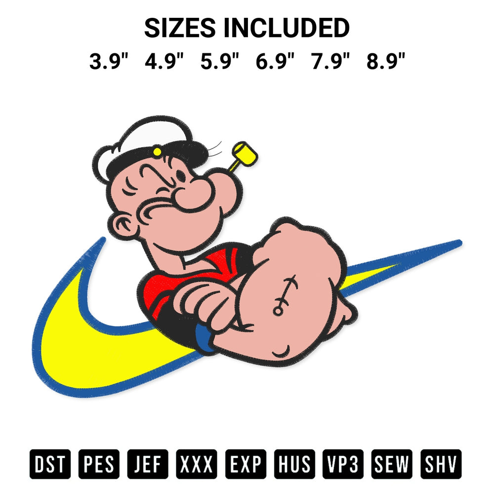 Create amazing crafts with the Popeye Swoosh Embroidery Design embroidery file. High-quality digital download from Designspacks.com, perfect for beginners and pros. Available sizes: 3.9", 4.9", 5.9", 6.9", 7.9", 8.9".
