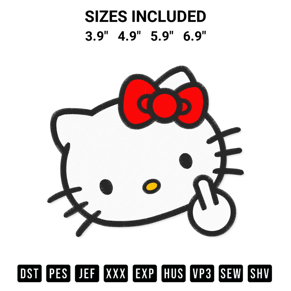 Discover the perfect addition to your crafting collection: Hello Kitty Middle Finger Embroidery Design embroidery file. Instantly available at Designspacks.com. Available sizes: 3.9", 4.9", 5.9", 6.9".