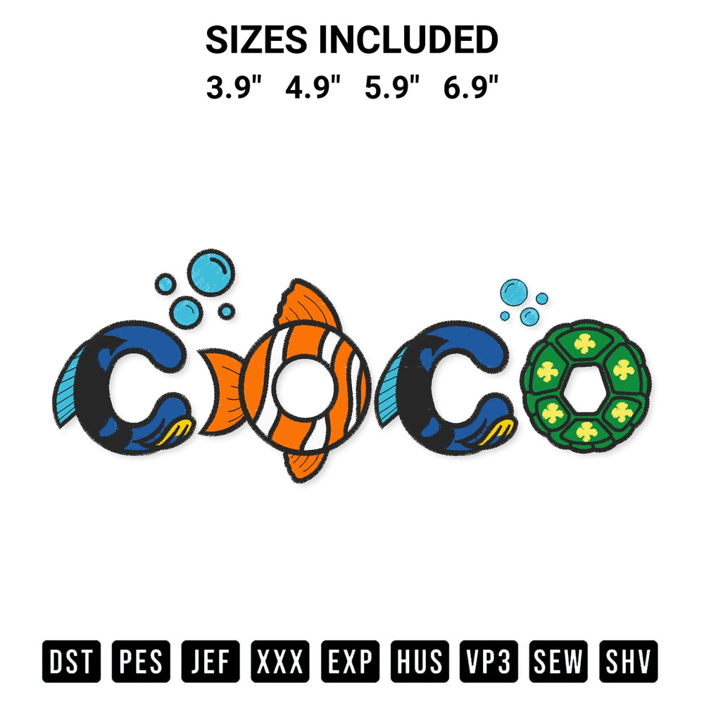 Add a unique touch to your apparel with the Finding Nemo Coco Disney Embroidery Design embroidery file. Premium instant download available now on Designspacks.com. Available sizes: 3.9", 4.9", 5.9", 6.9".