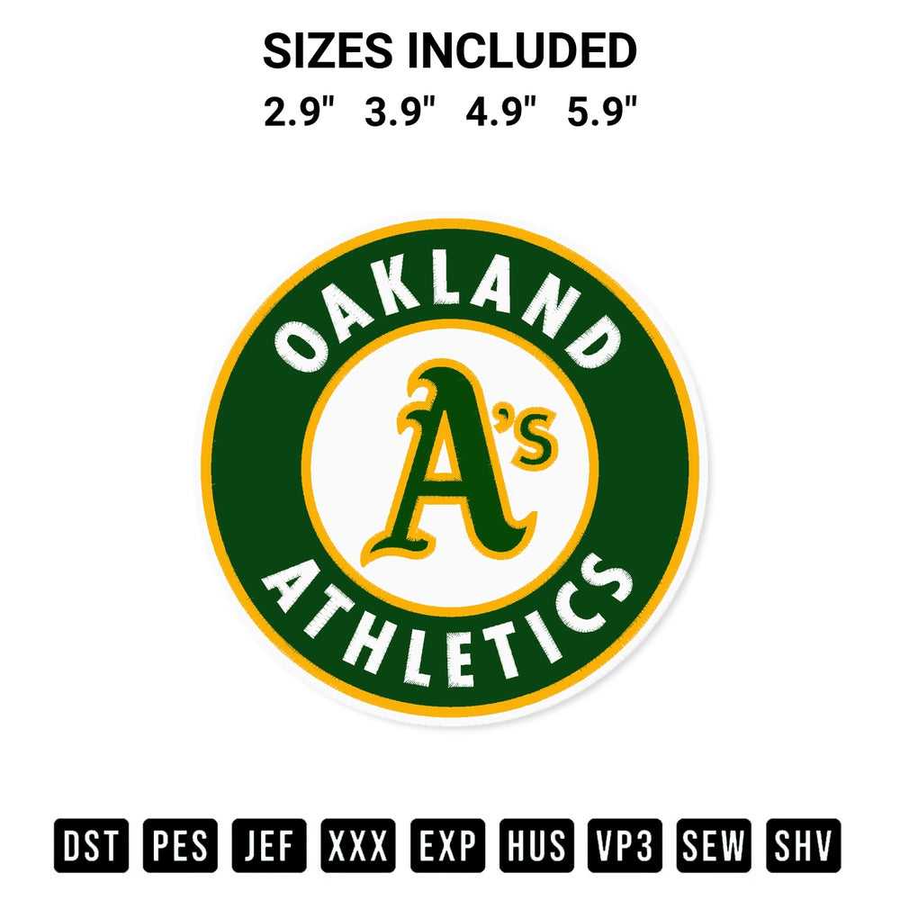 Stitch like a pro with the Oakland Athletics Logo Embroidery Design embroidery pattern from Designspacks.com. High-quality digital machine embroidery file. Available sizes: 2.9", 3.9", 4.9", 5.9".