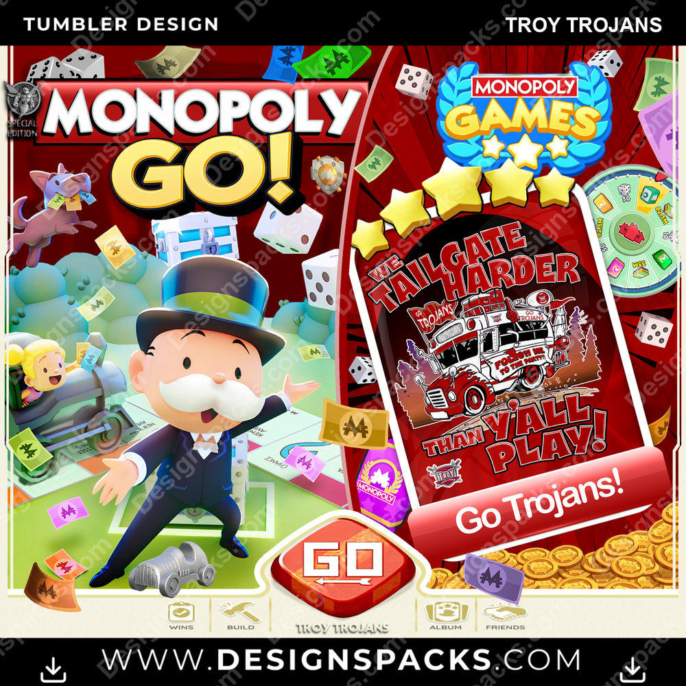 College Sport Monopoly Go! Troy Trojans NCAA College Sport Tumbler Digital Wrap Design Download