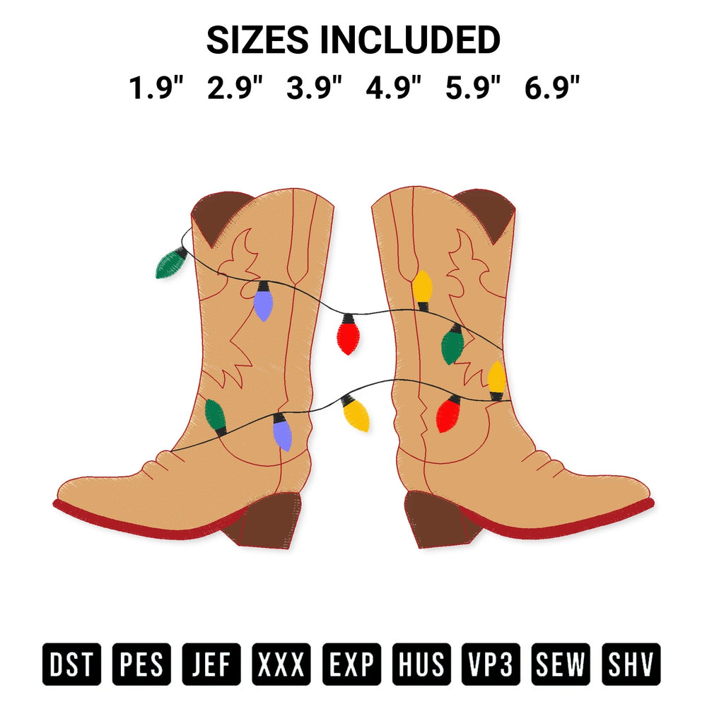 Transform your fabrics with the Christmas Lights Cowboy Boots Embroidery Design embroidery design. Instant access to premium digitized patterns at Designspacks.com. Available sizes: 1.9", 2.9", 3.9", 4.9", 5.9", 6.9".