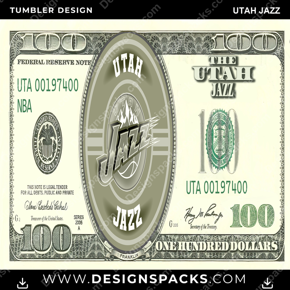 Basketball 100 Dollar Bill Utah Jazz Tumbler Digital Wrap Design