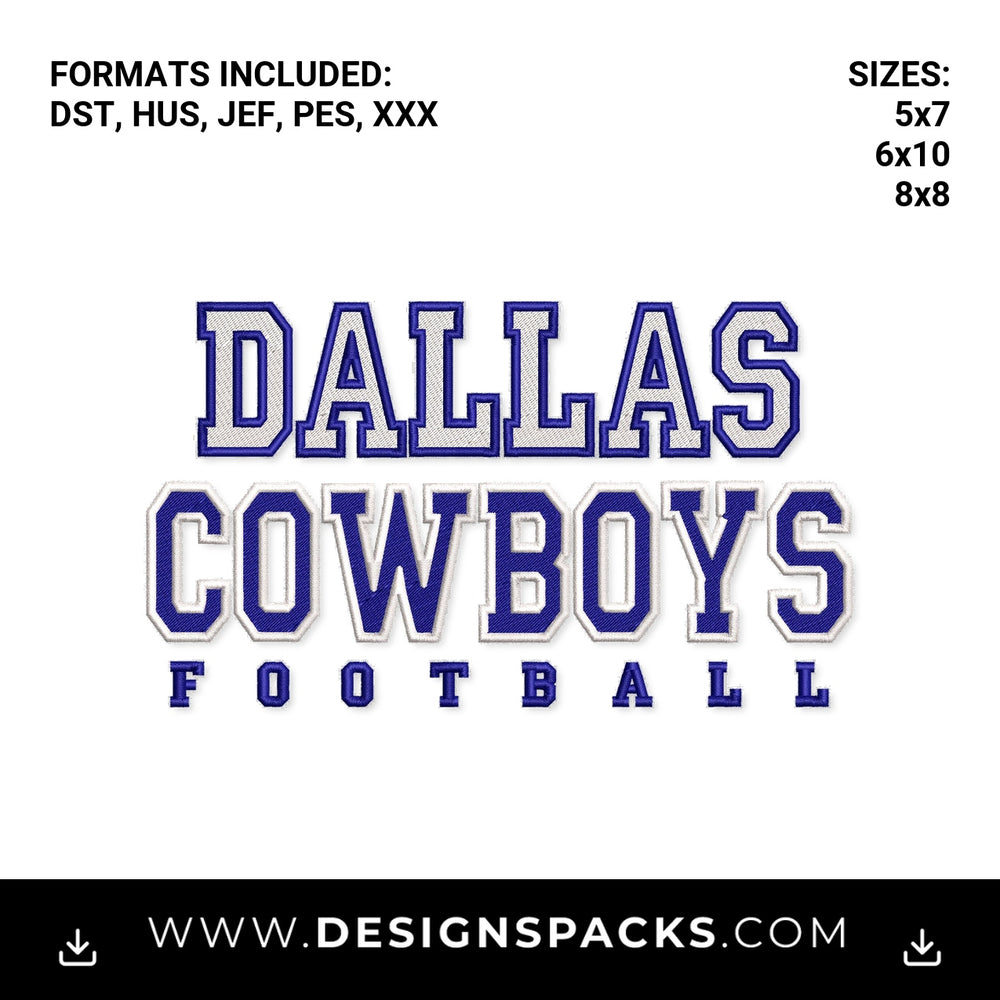 Dallas Cowboys Football Varsity Lettering Embroidery Design - Instant digital download pattern at Designspacks.com