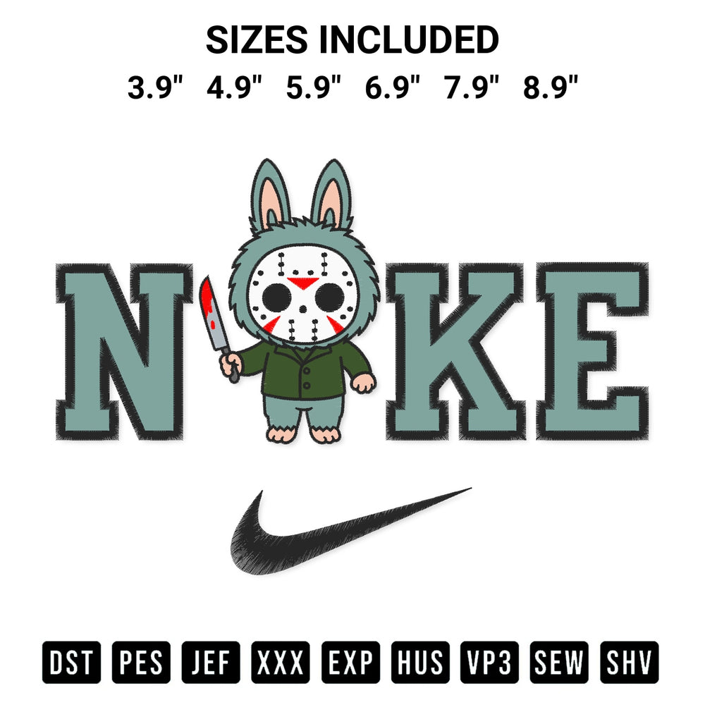 Discover the perfect addition to your crafting collection: Nike Jason Voorhees Labubu Embroidery Design embroidery file. Instantly available at Designspacks.com. Available sizes: 3.9", 4.9", 5.9", 6.9", 7.9", 8.9".