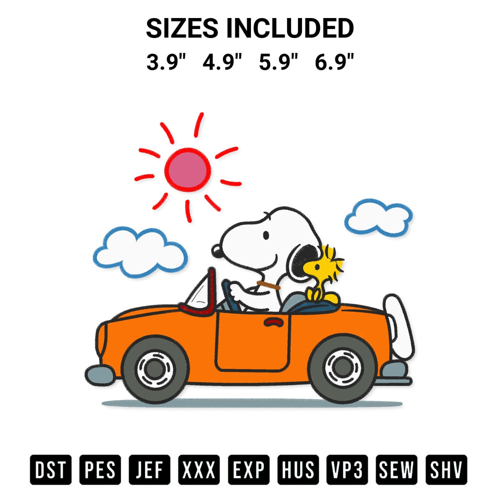 Create amazing crafts with the Snoopy And Woodstock Driving A Car Embroidery Design embroidery file. High-quality digital download from Designspacks.com, perfect for beginners and pros. Available sizes: 3.9", 4.9", 5.9", 6.9".