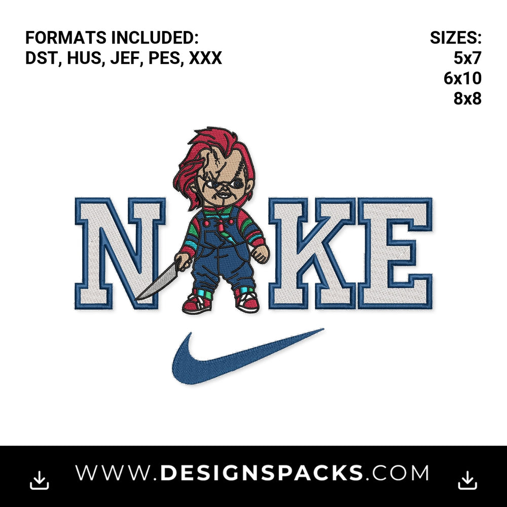 Chucky Horror Movie Swoosh File Embroidery Design - Instant digital download pattern at Designspacks.com
