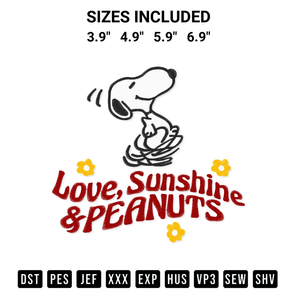 Add a unique touch to your apparel with the Love Sunshine Peanuts Embroidery Design embroidery file. Premium instant download available now on Designspacks.com. Available sizes: 3.9", 4.9", 5.9", 6.9".