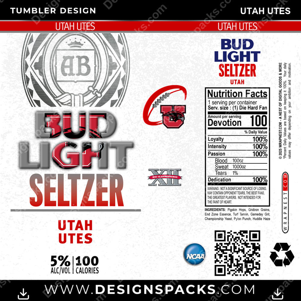 College Sport Bud Light Seltzer Utah Utes NCAA College Sport Tumbler Digital Wrap Design Download