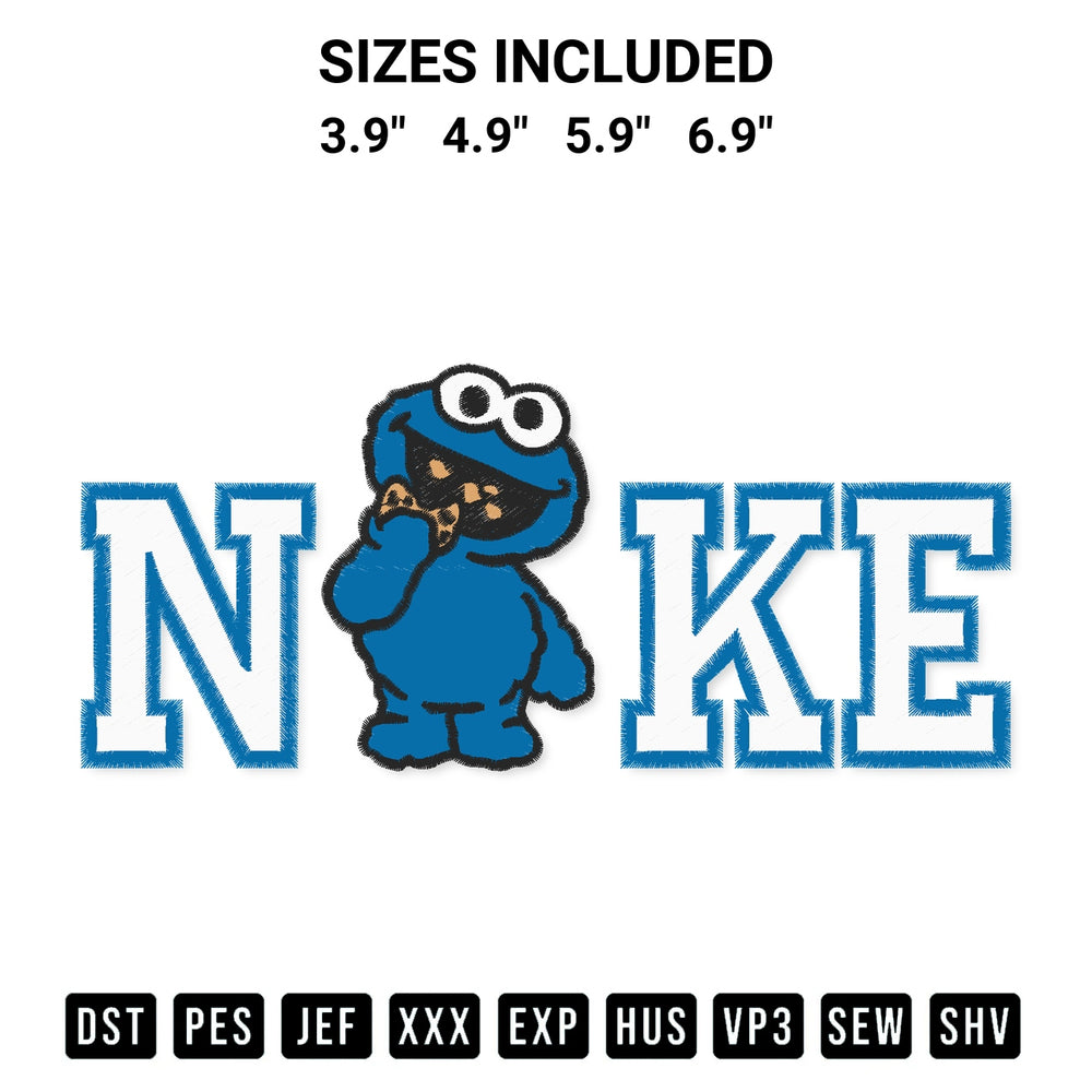 Get the Nike Cookie Monster Embroidery Design embroidery design for your custom crafts! Premium digitized files available for instant download at Designspacks.com. Available sizes: 3.9", 4.9", 5.9", 6.9".