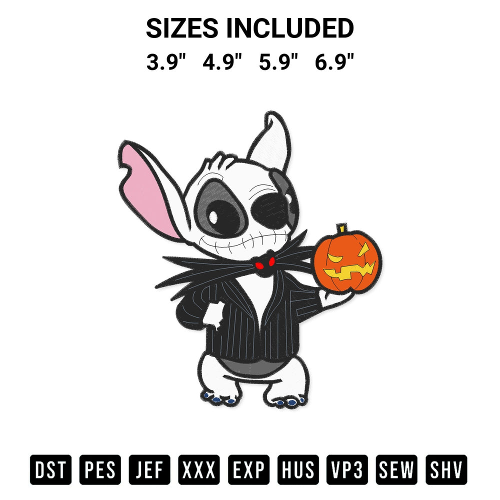 Stitch like a pro with the Stitch Jack Skellington Embroidery Design embroidery pattern from Designspacks.com. High-quality digital machine embroidery file. Available sizes: 3.9", 4.9", 5.9", 6.9".