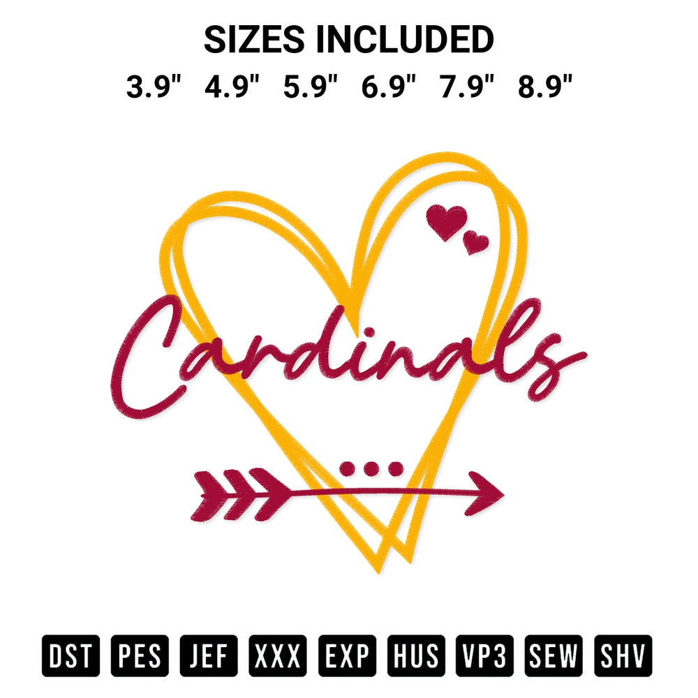 Stitch like a pro with the Arizona Cardinals Heart Football Embroidery Design embroidery pattern from Designspacks.com. High-quality digital machine embroidery file. Available sizes: 3.9", 4.9", 5.9", 6.9", 7.9", 8.9".