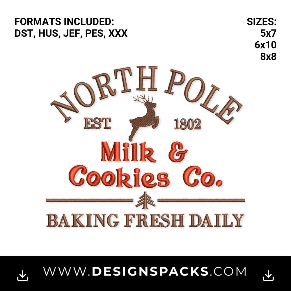 North Pole Milk & Cookies Co. Embroidery Design - Instant digital download pattern at Designspacks.com