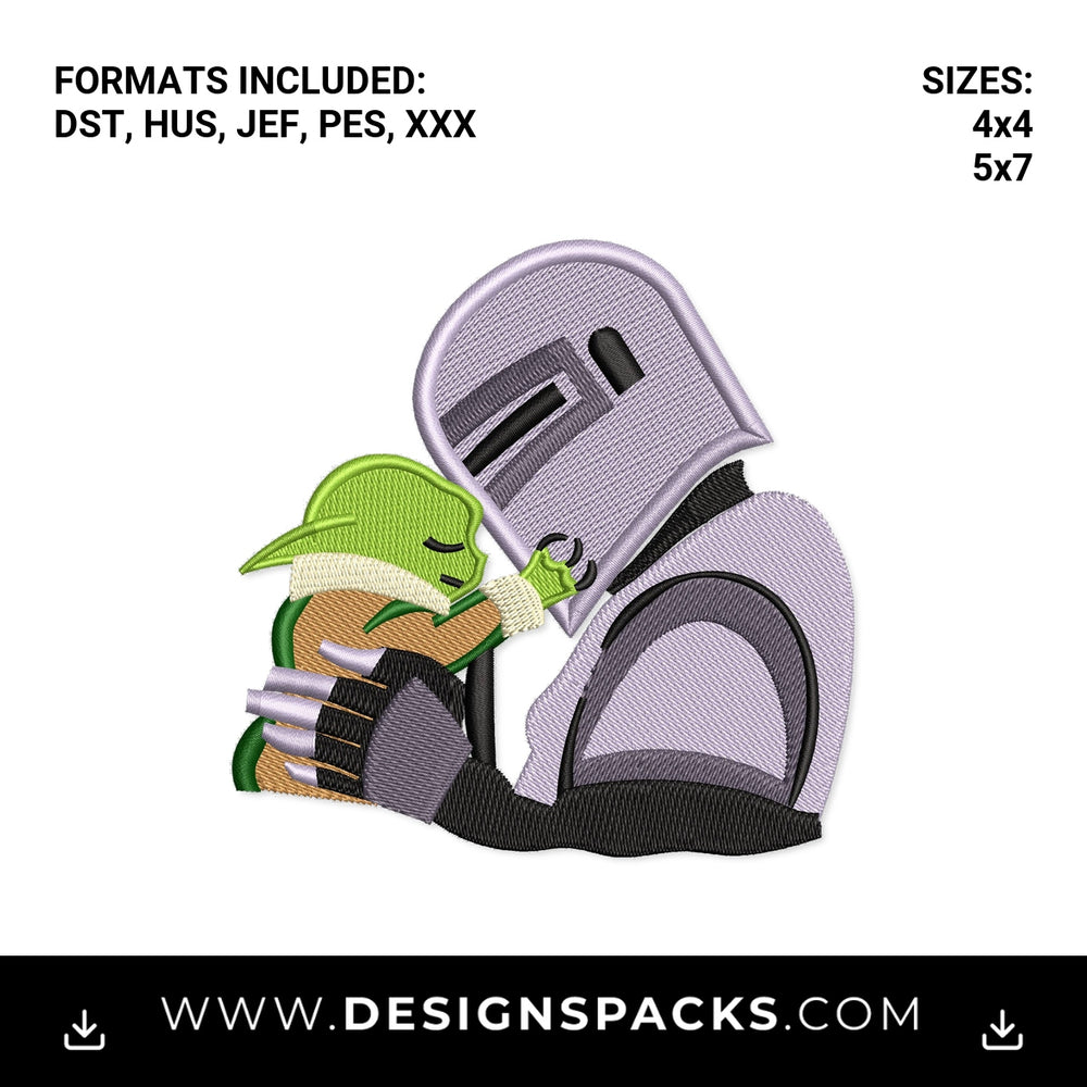Cute Armored Warrior & Baby Alien Hug Embroidery Design - Instant digital download pattern at Designspacks.com