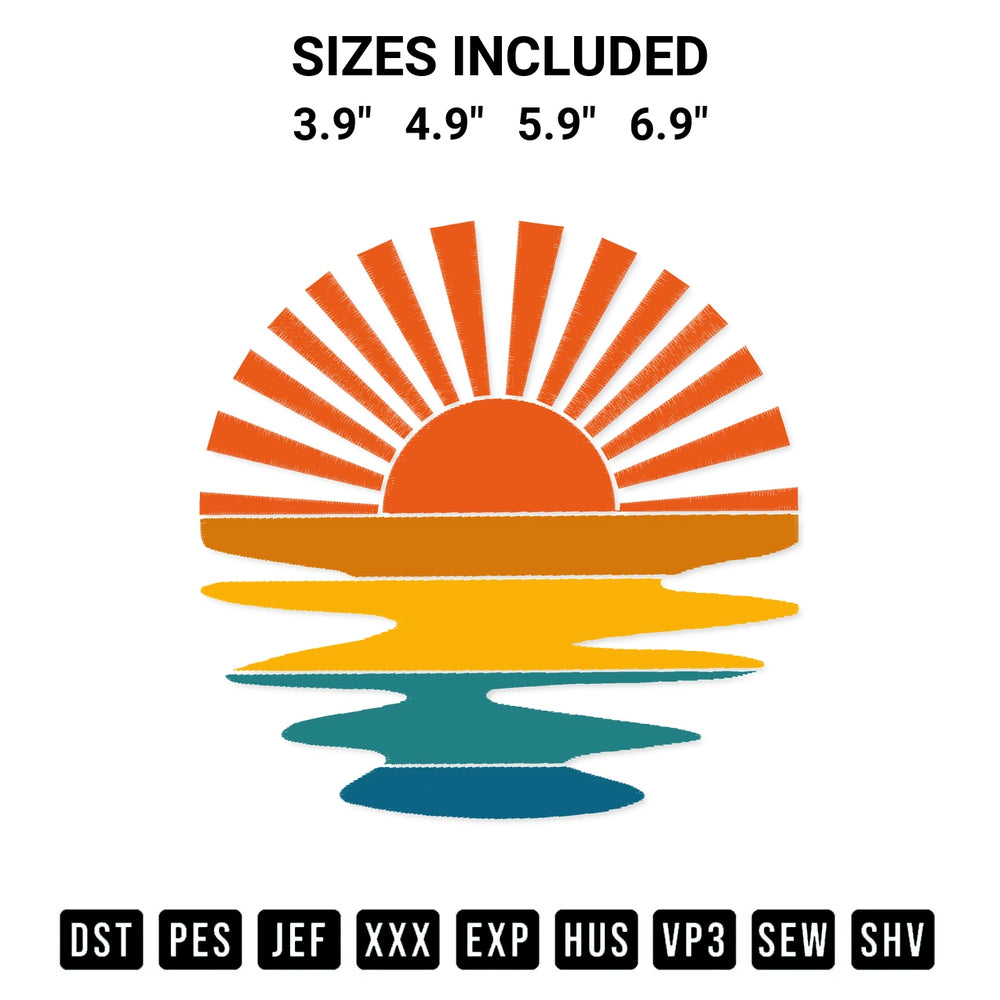 Shop the Retro Sunset Rays Wavy Embroidery Design machine embroidery pattern at Designspacks.com. Beautifully digitized for flawless stitching on any fabric. Available sizes: 3.9", 4.9", 5.9", 6.9".