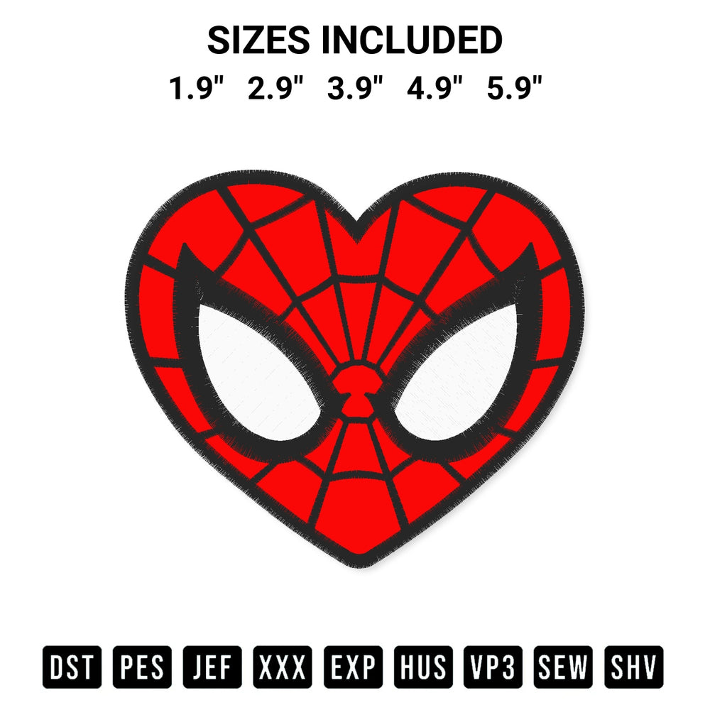 Discover the perfect addition to your crafting collection: Spider Man Heart Mask Embroidery Design embroidery file. Instantly available at Designspacks.com. Available sizes: 1.9", 2.9", 3.9", 4.9", 5.9".