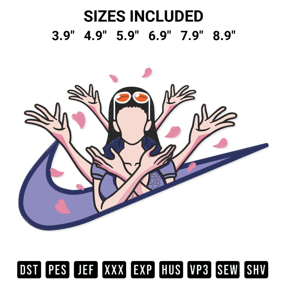 Discover the perfect addition to your crafting collection: One Piece Nico Robin Swoosh Embroidery Design embroidery file. Instantly available at Designspacks.com. Available sizes: 3.9", 4.9", 5.9", 6.9", 7.9", 8.9".
