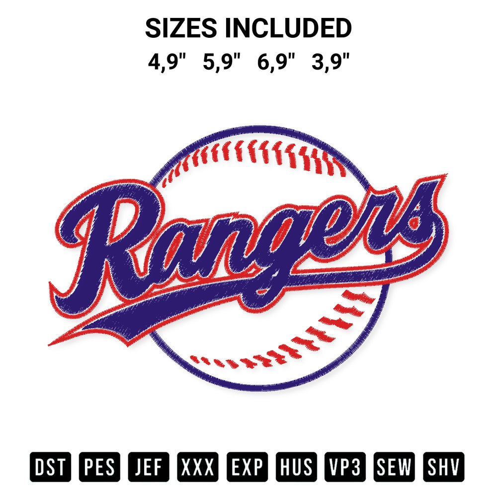 Transform your fabrics with the Rangers Logo Embroidery Design embroidery design. Instant access to premium digitized patterns at Designspacks.com. Available sizes: 4,9", 5,9", 6,9", 3,9".