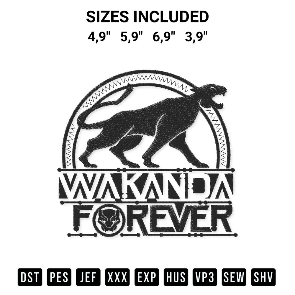 Stitch like a pro with the Marvel Black Panther Wakanda Forever Marvel Movie Logo Embroidery Design embroidery pattern from Designspacks.com. High-quality digital machine embroidery file. Available sizes: 4,9", 5,9", 6,9", 3,9".