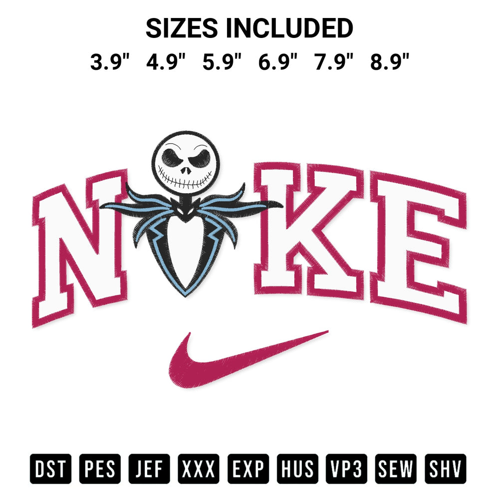 Elevate your next project with our Nike X Jack Skellington Halloween Embroidery Design embroidery file. Shop high-quality digital patterns instantly at Designspacks.com. Available sizes: 3.9", 4.9", 5.9", 6.9", 7.9", 8.9".