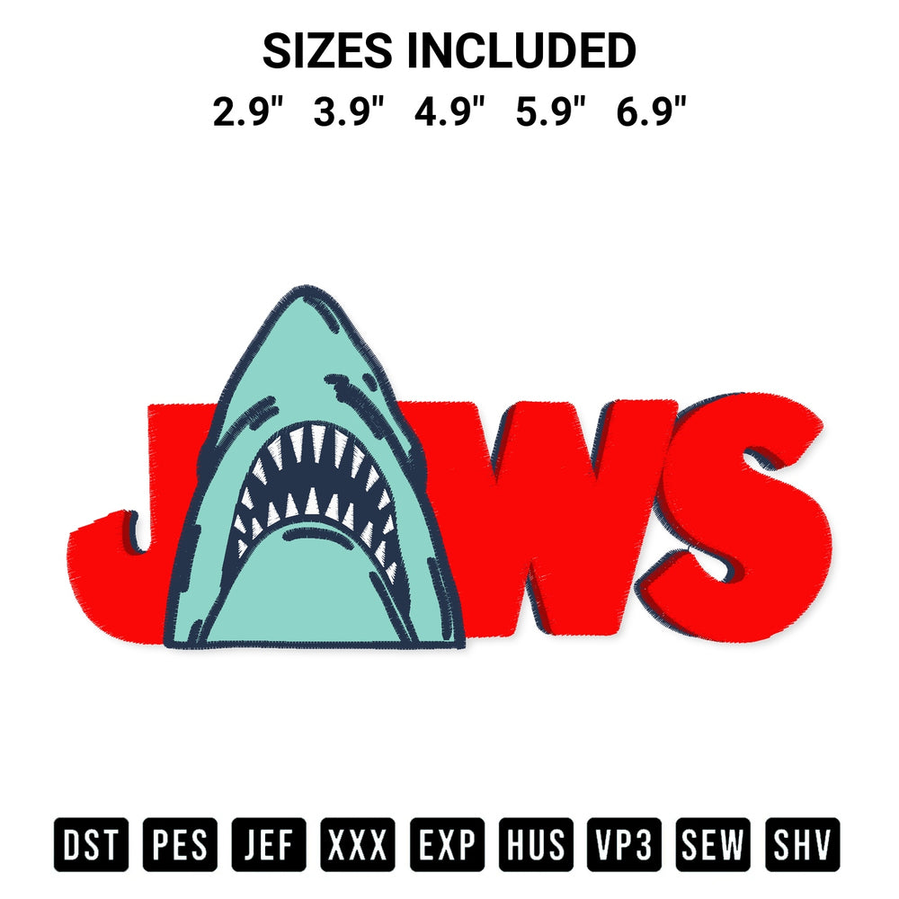 Create amazing crafts with the Jaws Shark Logo Embroidery Design embroidery file. High-quality digital download from Designspacks.com, perfect for beginners and pros. Available sizes: 2.9", 3.9", 4.9", 5.9", 6.9".
