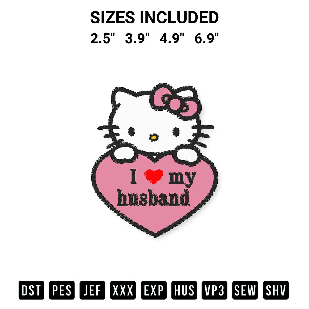 Add a unique touch to your apparel with the I Love Husband Hello Kitty Embroidery Design embroidery file. Premium instant download available now on Designspacks.com. Available sizes: 2.5", 3.9", 4.9", 6.9".