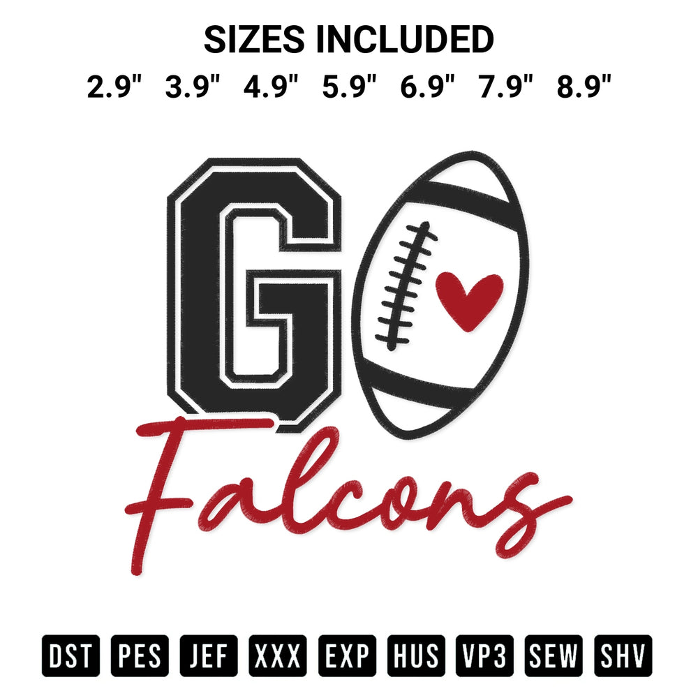 Shop the Go Falcons Football Embroidery Design machine embroidery pattern at Designspacks.com. Beautifully digitized for flawless stitching on any fabric. Available sizes: 2.9", 3.9", 4.9", 5.9", 6.9", 7.9", 8.9".