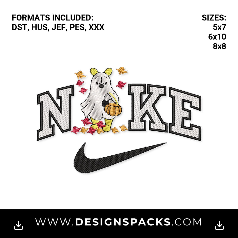 Ghost Pooh Nike Halloween Swoosh Embroidery Design - Instant digital download pattern at Designspacks.com