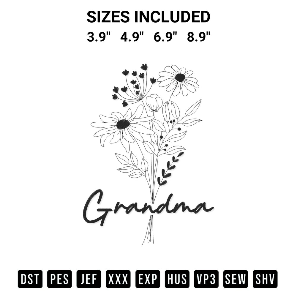 Download the Grandma Wildflower Embroidery Design machine embroidery design exclusively at Designspacks.com. Premium digitized pattern for apparel and DIY crafts. Available sizes: 3.9", 4.9", 6.9", 8.9".