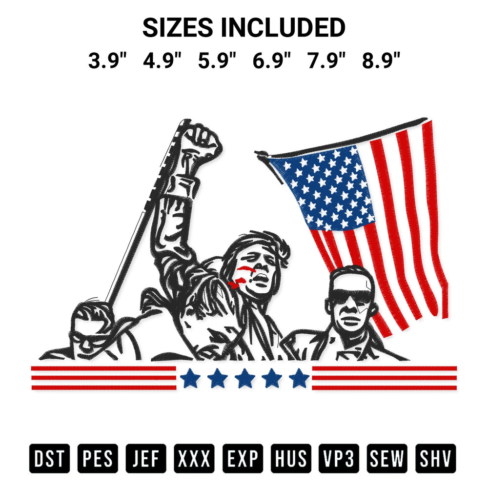 Elevate your next project with our Shooting Trump Rally Embroidery Design embroidery file. Shop high-quality digital patterns instantly at Designspacks.com. Available sizes: 3.9", 4.9", 5.9", 6.9", 7.9", 8.9".
