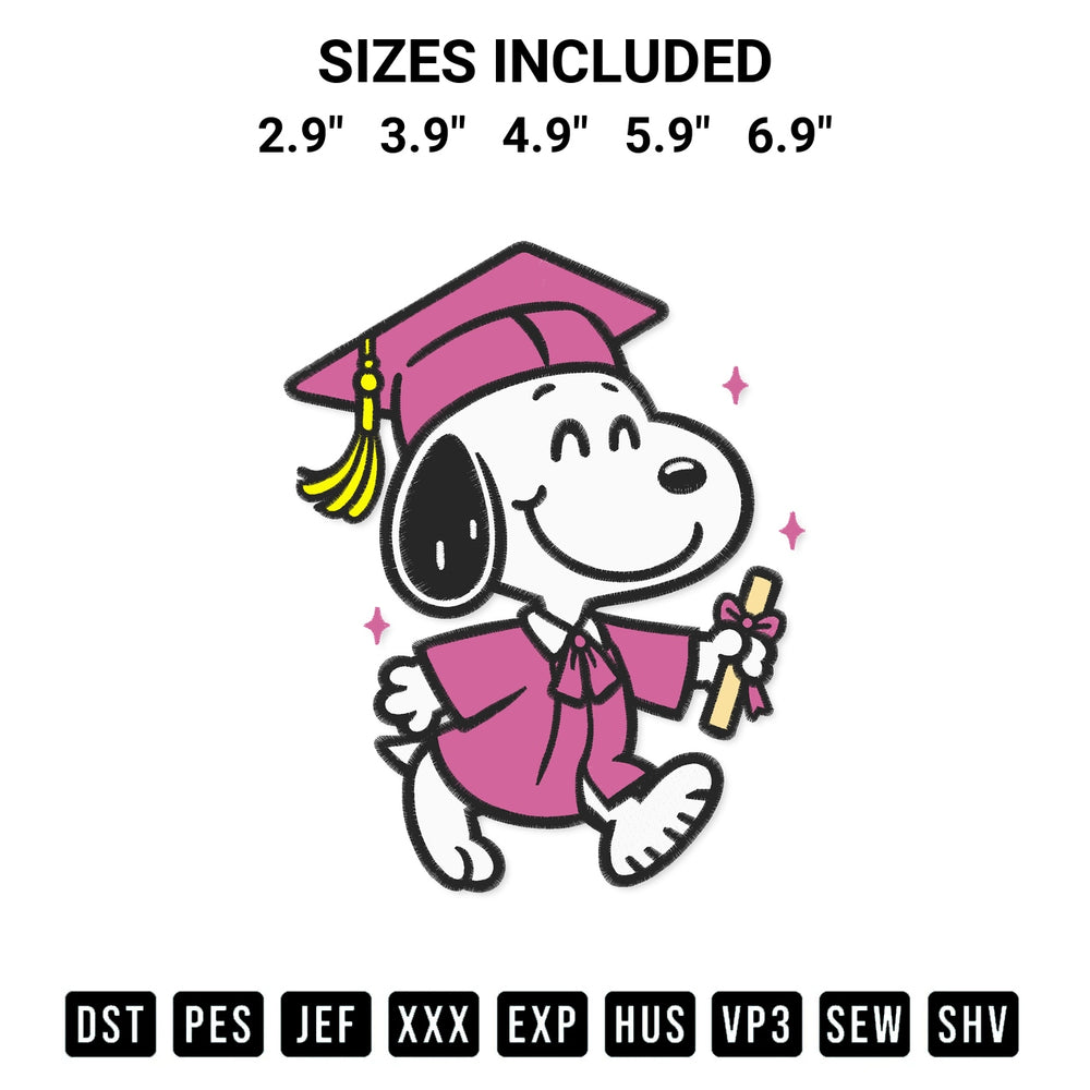 Add a unique touch to your apparel with the Snoopy Graduation Embroidery Design embroidery file. Premium instant download available now on Designspacks.com. Available sizes: 2.9", 3.9", 4.9", 5.9", 6.9".
