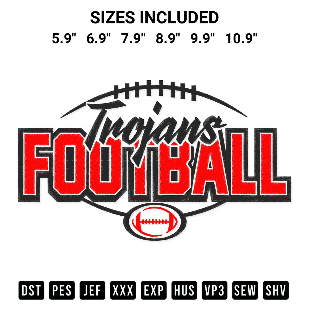 Create amazing crafts with the Trojans Football Embroidery Design embroidery file. High-quality digital download from Designspacks.com, perfect for beginners and pros. Available sizes: 5.9", 6.9", 7.9", 8.9", 9.9", 10.9".