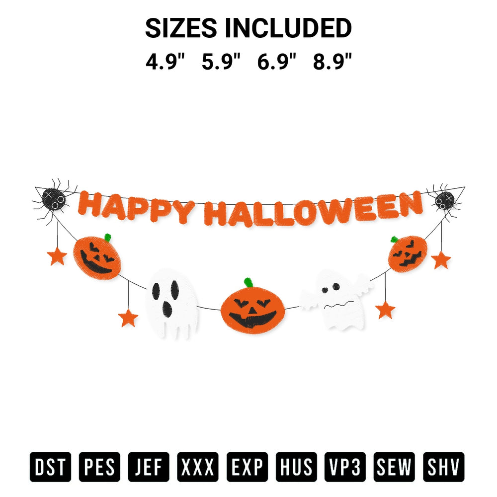 Create amazing crafts with the Happy Halloween Embroidery Design embroidery file. High-quality digital download from Designspacks.com, perfect for beginners and pros. Available sizes: 4.9", 5.9", 6.9", 8.9".