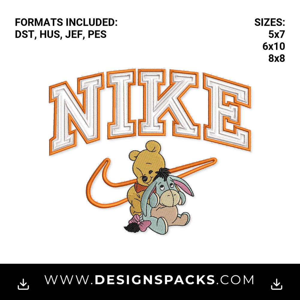 Nike Pooh & Eeyore Varsity Swoosh Embroidery Design - Instant digital download pattern at Designspacks.com
