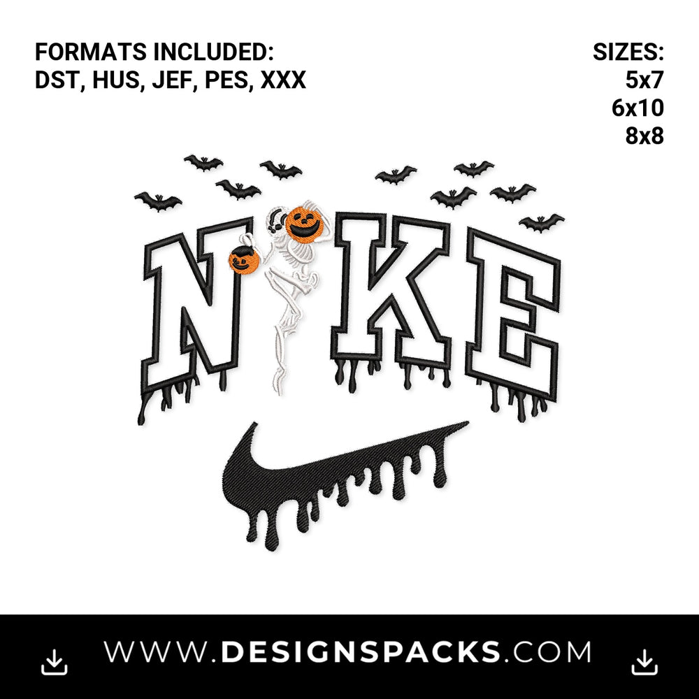 Halloween Drip Swoosh Skeleton Bats Embroidery Design - Instant digital download pattern at Designspacks.com