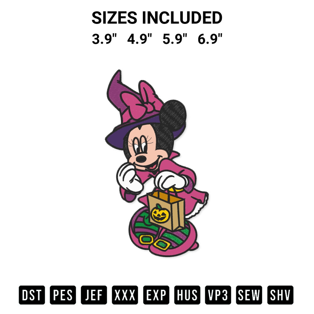 Get the Minnie Mouse Halloween Embroidery Design embroidery design for your custom crafts! Premium digitized files available for instant download at Designspacks.com. Available sizes: 3.9", 4.9", 5.9", 6.9".