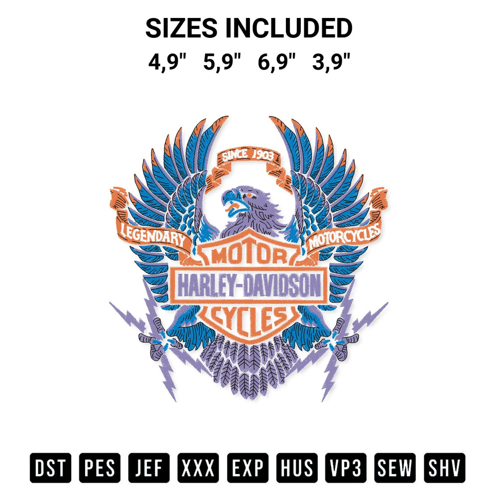 Download the Harley Davidson Eagle Logo Embroidery Design machine embroidery design exclusively at Designspacks.com. Premium digitized pattern for apparel and DIY crafts. Available sizes: 4,9", 5,9", 6,9", 3,9".