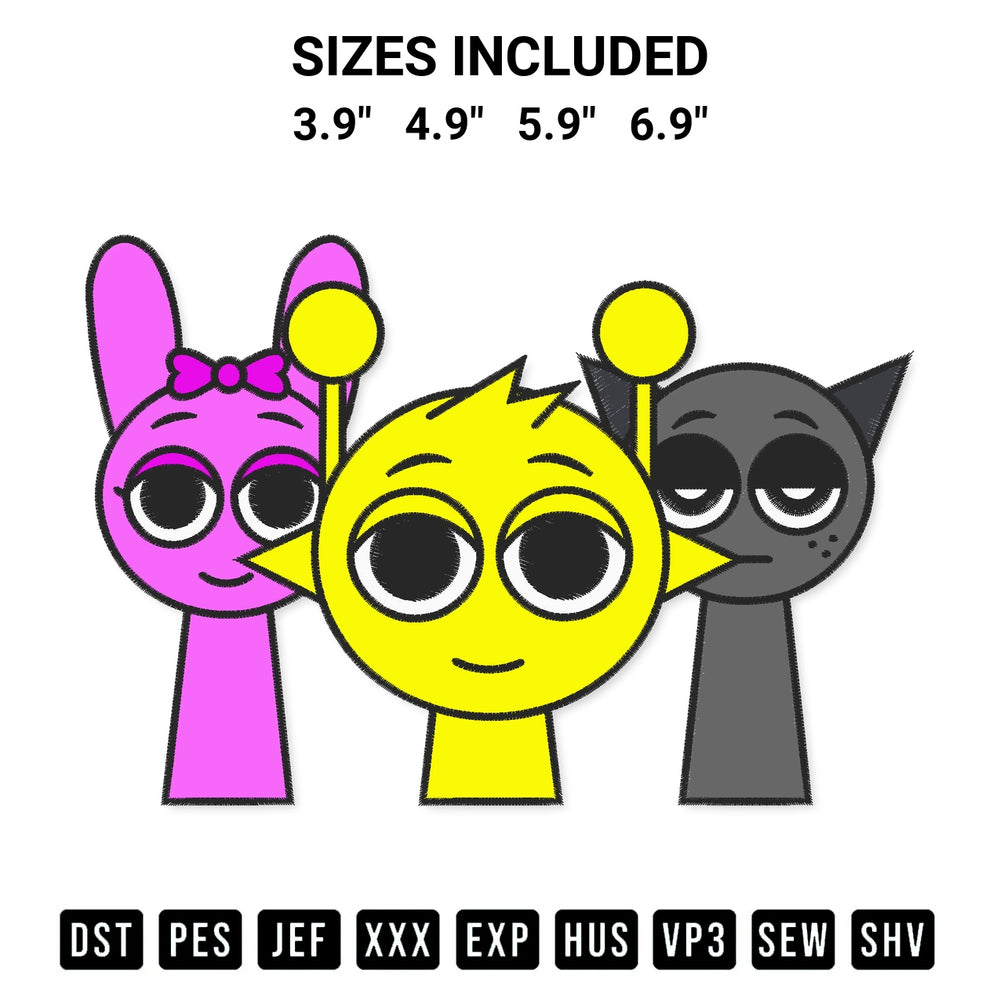 Download the Incredibox Sprunki Pinki X Simon X Gray Embroidery Design machine embroidery design exclusively at Designspacks.com. Premium digitized pattern for apparel and DIY crafts. Available sizes: 3.9", 4.9", 5.9", 6.9".