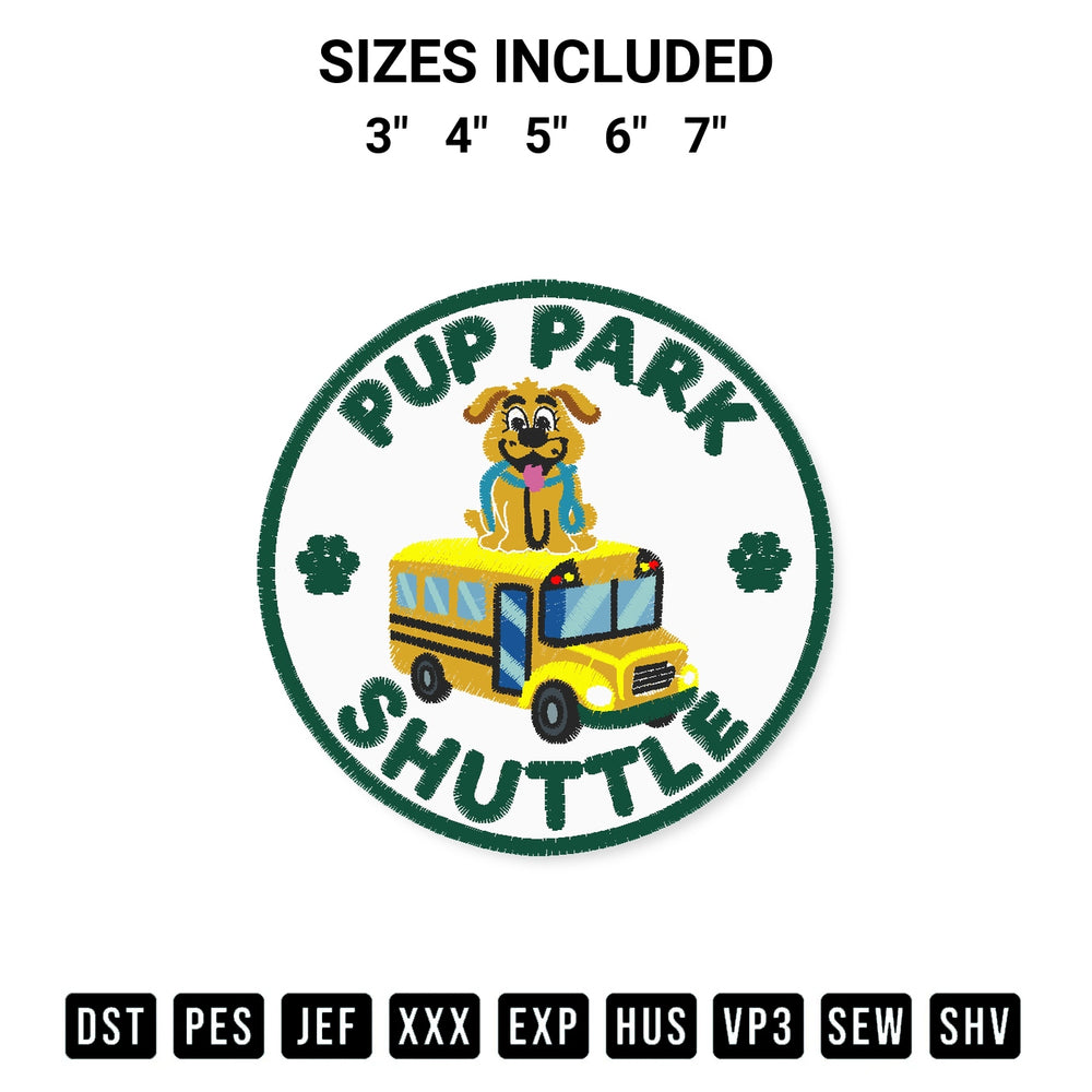Transform your fabrics with the Pup Park Shuttle Embroidery Design embroidery design. Instant access to premium digitized patterns at Designspacks.com. Available sizes: 3", 4", 5", 6", 7".