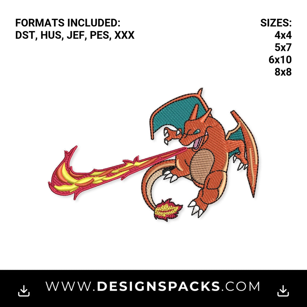 Charizard Breathing Fire Swoosh Embroidery Design - Instant digital download pattern at Designspacks.com