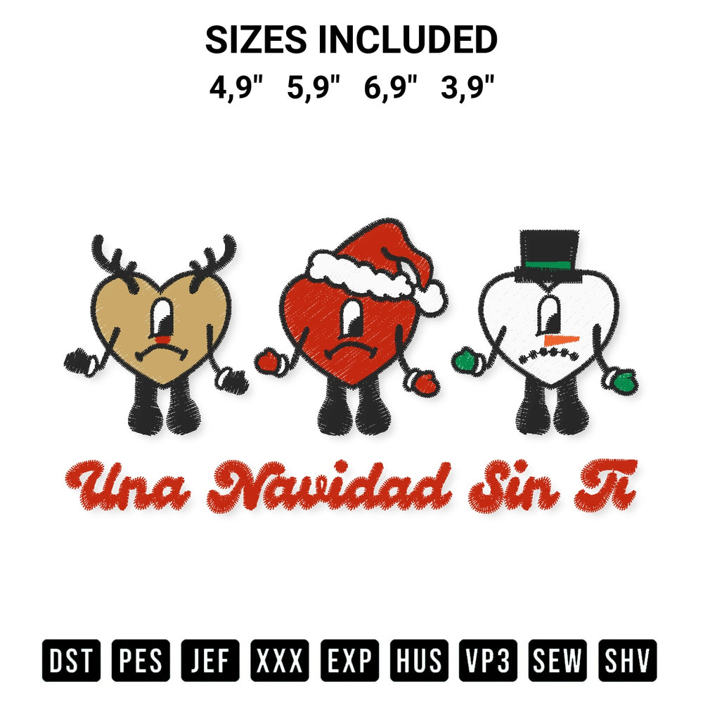 Add a unique touch to your apparel with the Una Navidad Sin Ti Bad Bunny Christmas Embroidery Design embroidery file. Premium instant download available now on Designspacks.com. Available sizes: 4,9", 5,9", 6,9", 3,9".