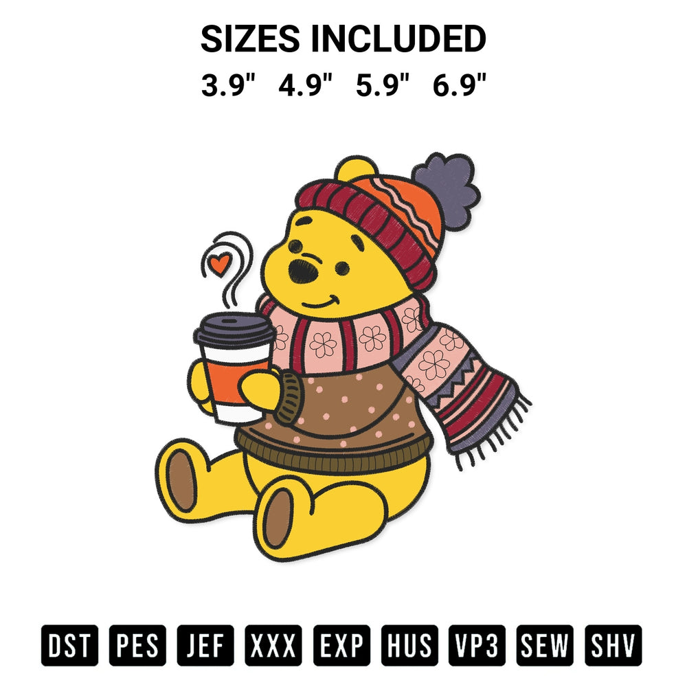 Transform your fabrics with the Winnie The Pooh Coffee Embroidery Design embroidery design. Instant access to premium digitized patterns at Designspacks.com. Available sizes: 3.9", 4.9", 5.9", 6.9".
