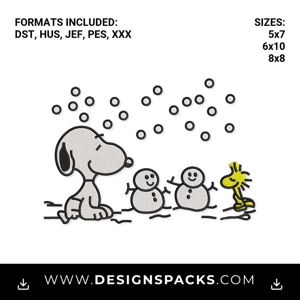 Snoopy & Woodstock Winter Snowmen Embroidery Design - Instant digital download pattern at Designspacks.com