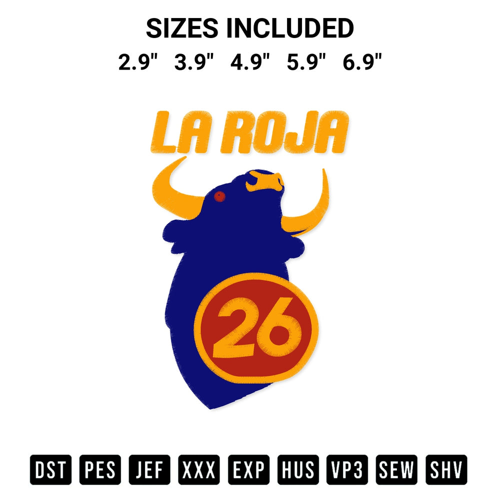 Add a unique touch to your apparel with the La Roja Spain 26 Embroidery Design embroidery file. Premium instant download available now on Designspacks.com. Available sizes: 2.9", 3.9", 4.9", 5.9", 6.9".
