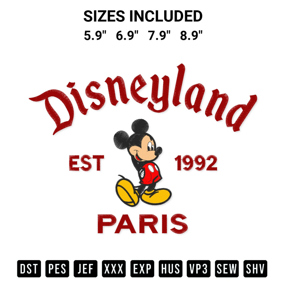 Stitch like a pro with the Mickey Mouse Disneyland Paris 1922 Embroidery Design embroidery pattern from Designspacks.com. High-quality digital machine embroidery file. Available sizes: 5.9", 6.9", 7.9", 8.9".