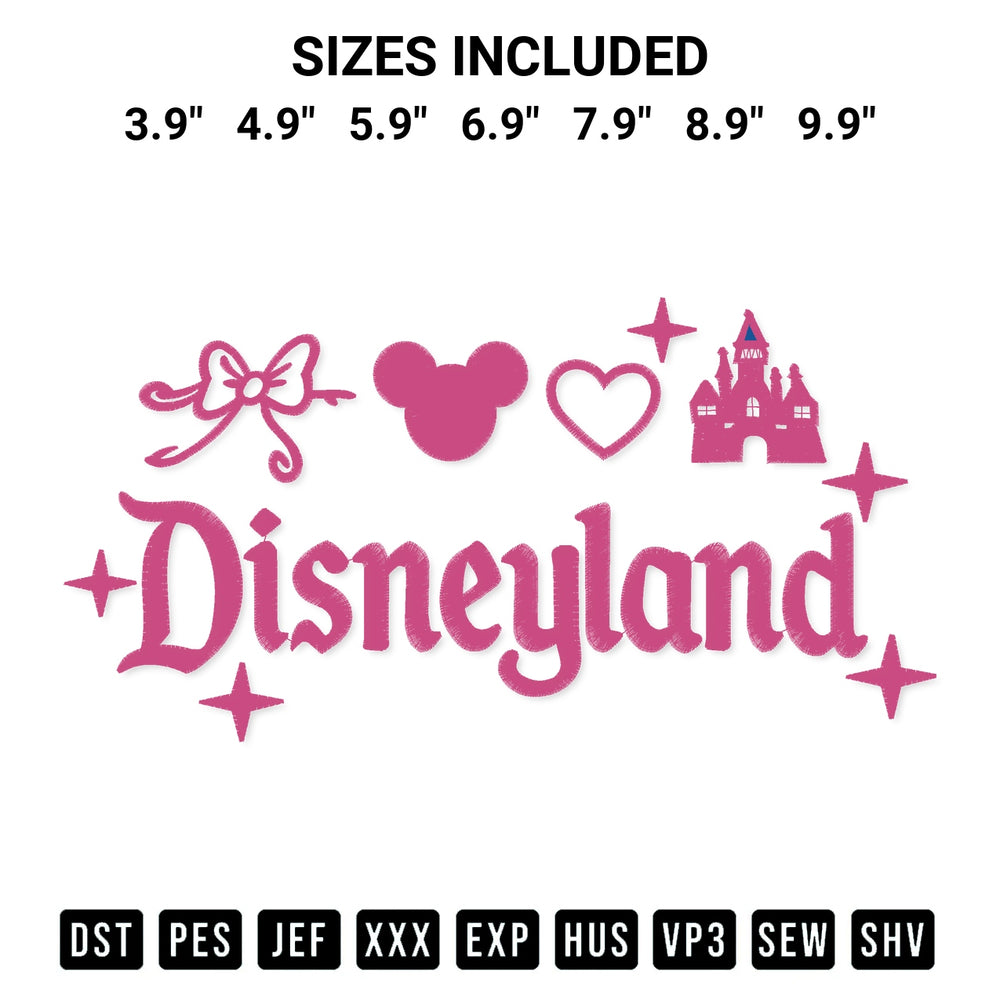 Looking for the perfect pattern? Download the Disneyland Embroidery Design embroidery design today at Designspacks.com. Crisp, clean stitching guaranteed. Available sizes: 3.9", 4.9", 5.9", 6.9", 7.9", 8.9", 9.9".