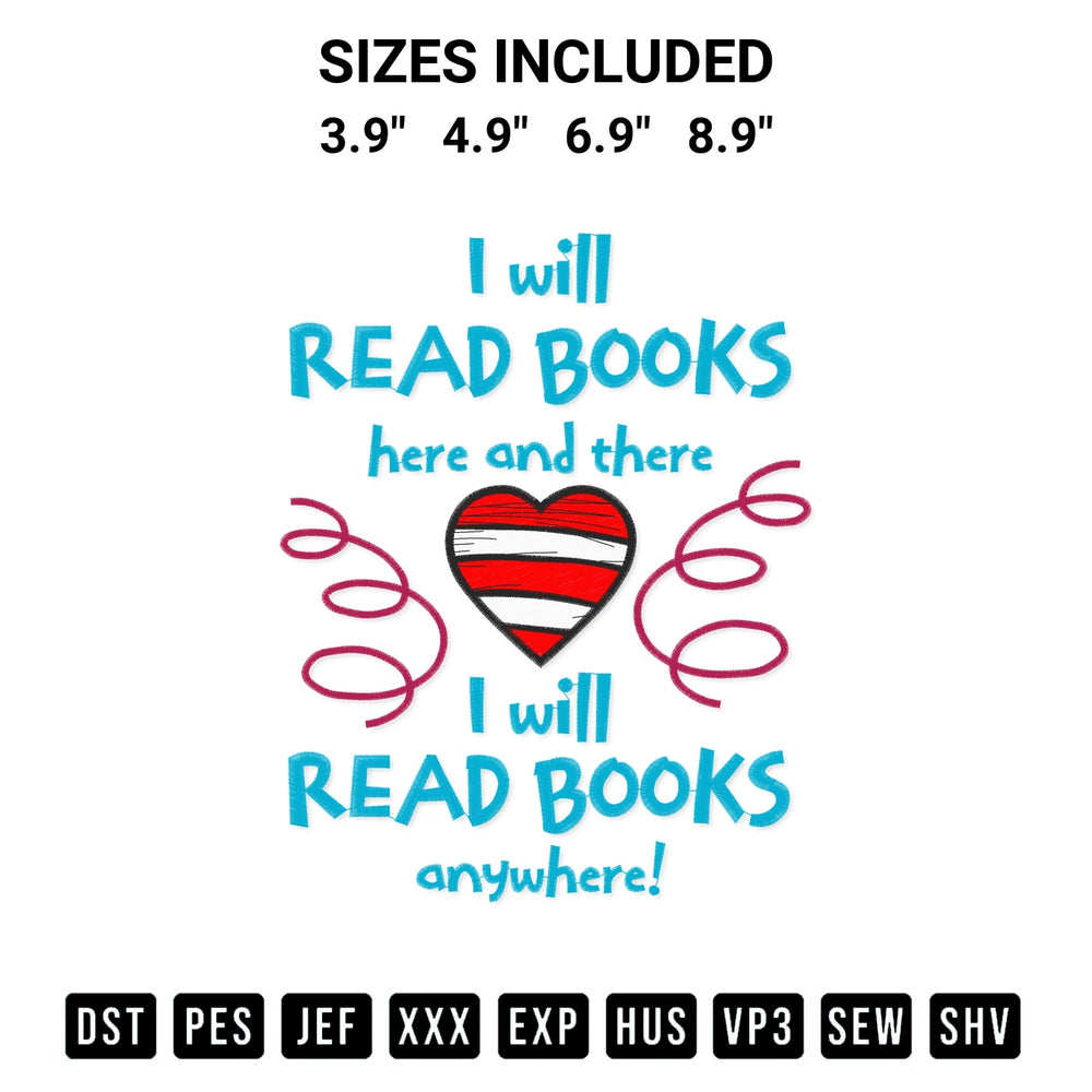 Stitch like a pro with the I Will Read Books Here And There Embroidery Design embroidery pattern from Designspacks.com. High-quality digital machine embroidery file. Available sizes: 3.9", 4.9", 6.9", 8.9".